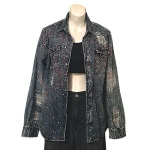 Carbon Distressed Blue Denim Long Sleeve Button Down Paint Splattered Shacket